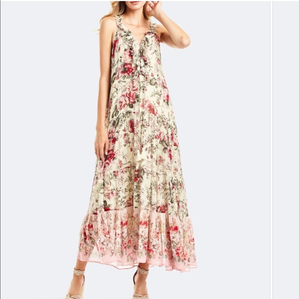 Floral Tiered Maxi Dress in Cream and Pink